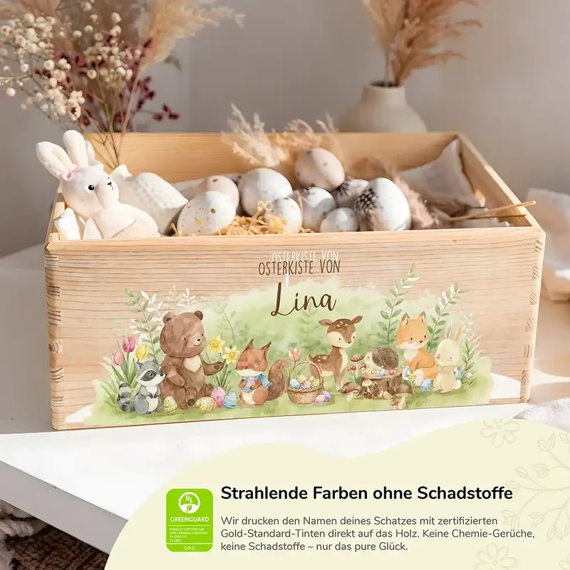 Osterkiste Holz personalisiert - Waldfamilie