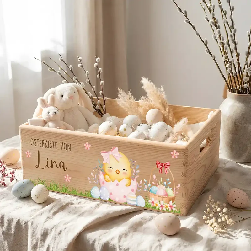 Osterkiste Holz personalisiert - Frühlingsküken