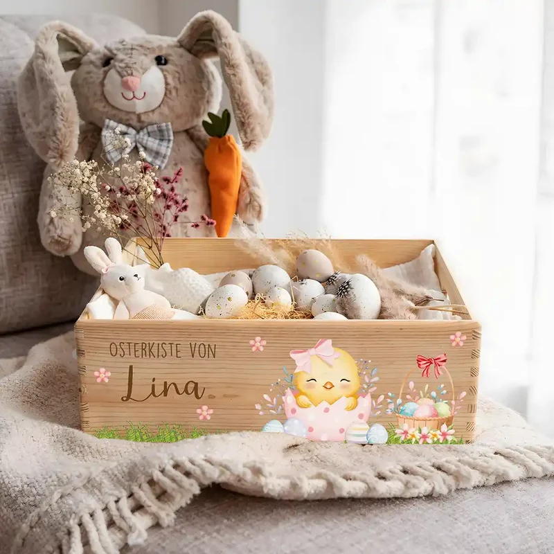Osterkiste Holz personalisiert - Frühlingsküken