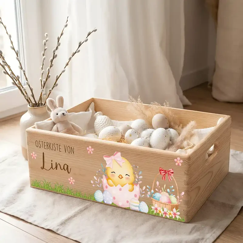Osterkiste Holz personalisiert - Frühlingsküken