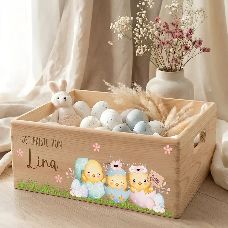 Osterkiste Holz personalisiert - Kükenfamilie