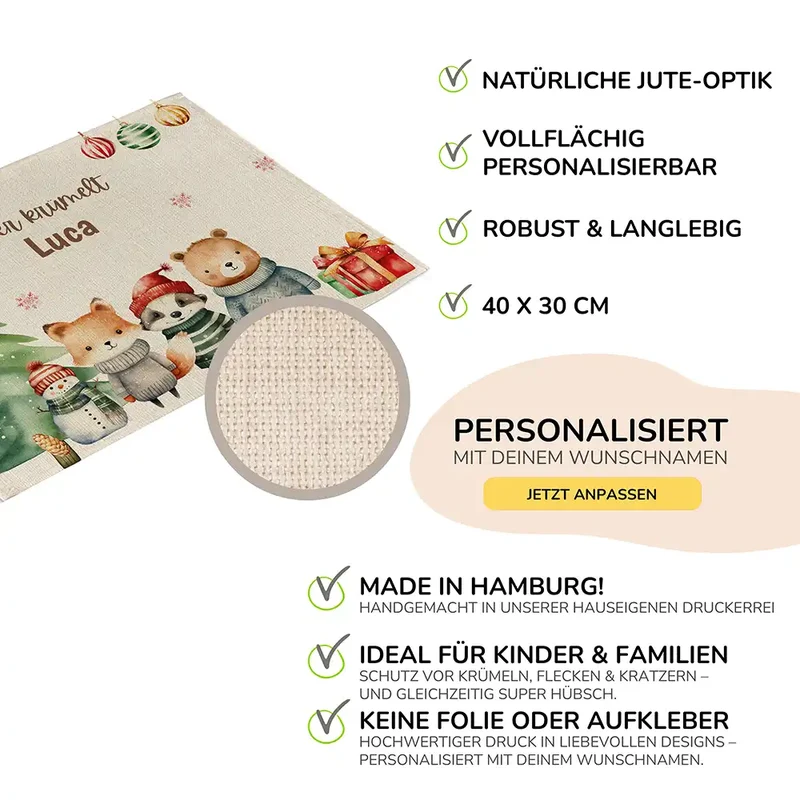 Tischset Kinder personalisiert Weihnachtsmotiv - Fluffy Friends