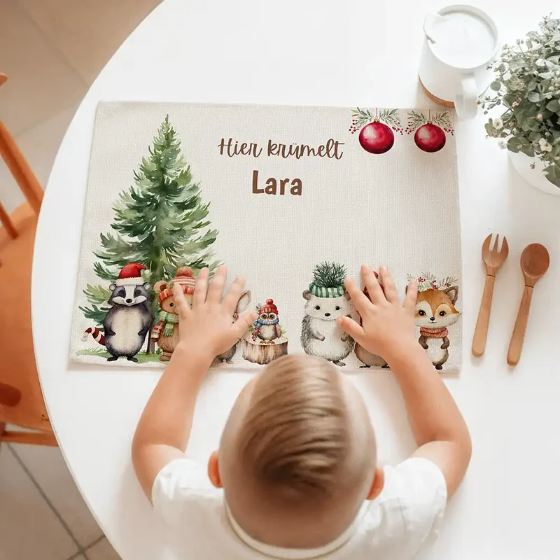 Tischset Kinder personalisiert Weihnachtsmotiv - Glückliche Tiergesellschaft