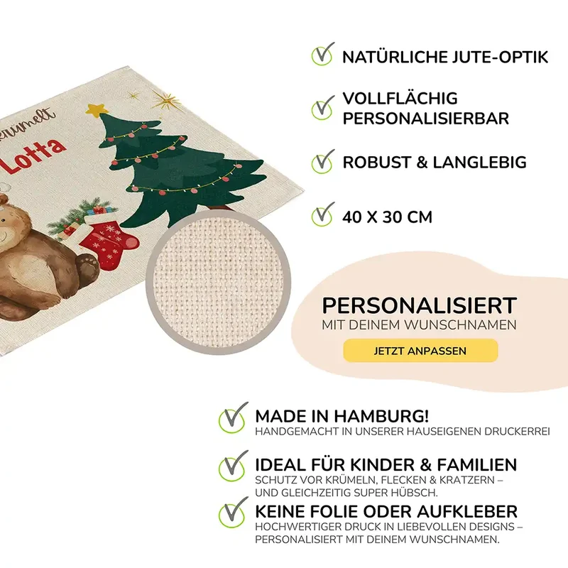 Tischset Kinder personalisiert Weihnachtsmotiv - Süßer Bär
