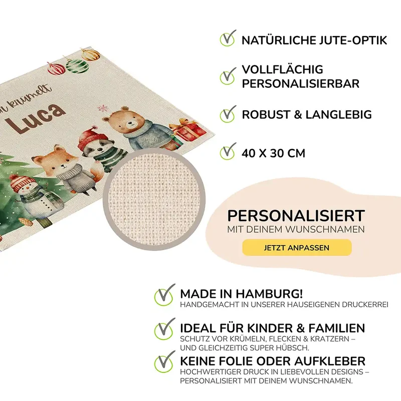 Tischset Kinder personalisiert Weihnachtsmotiv - Mini-Tierchen-Welt