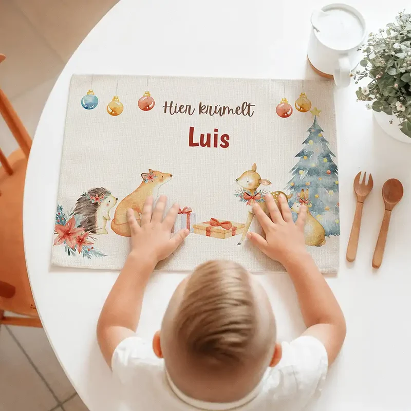 Tischset Kinder personalisiert Weihnachtsmotiv - Schneeflocken-Tierbande