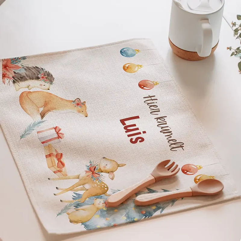 Tischset Kinder personalisiert Weihnachtsmotiv - Schneeflocken-Tierbande