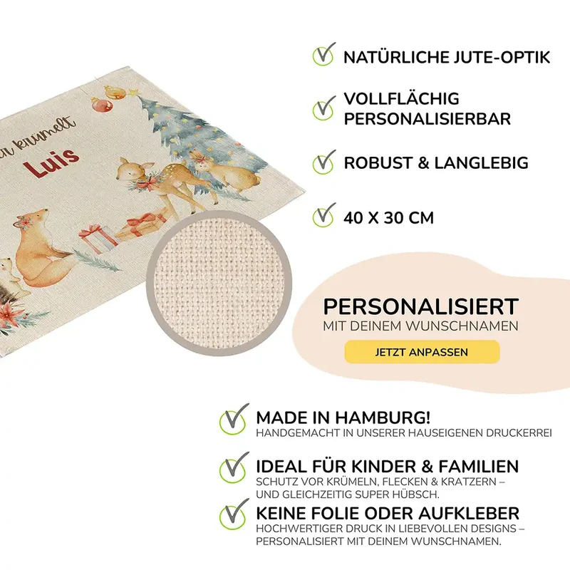 Tischset Kinder personalisiert Weihnachtsmotiv - Schneeflocken-Tierbande