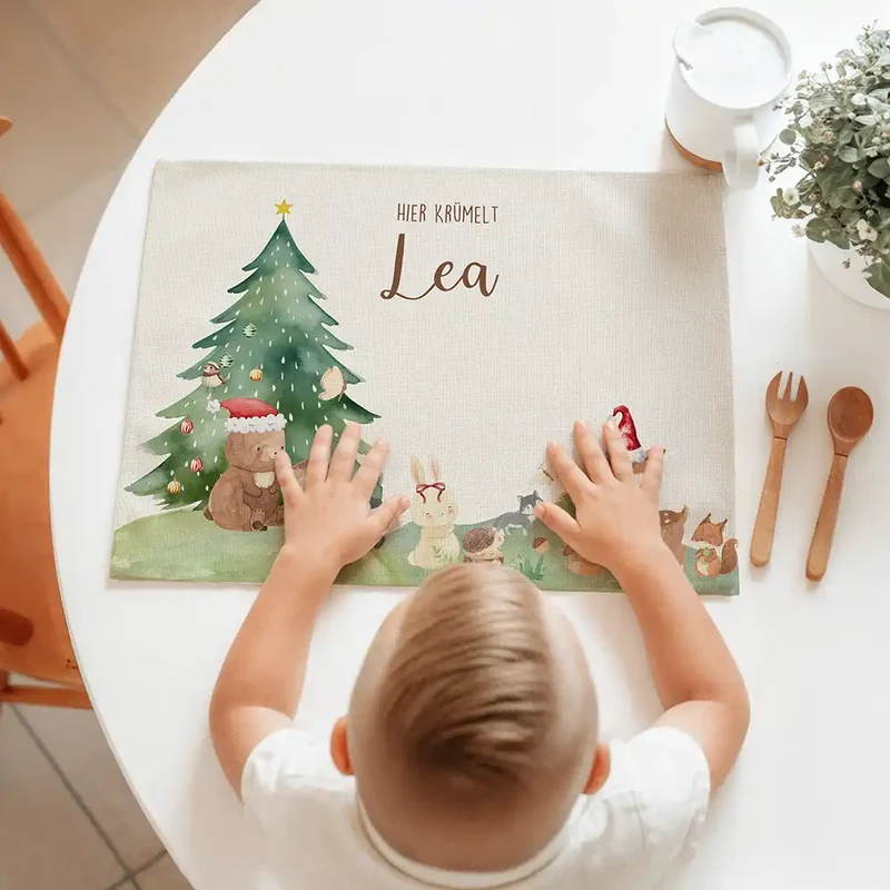 Tischset Kinder personalisiert Weihnachtsmotiv - Niedliche Waldtiere