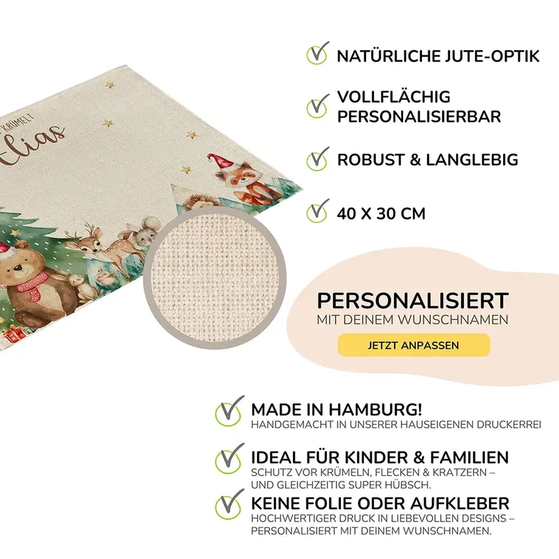 Tischset Kinder personalisiert Weihnachtsmotiv - Tierchen-Abenteuerland