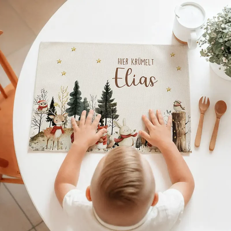 Tischset Kinder personalisiert Weihnachtsmotiv - Festliche Tierchen im Schnee