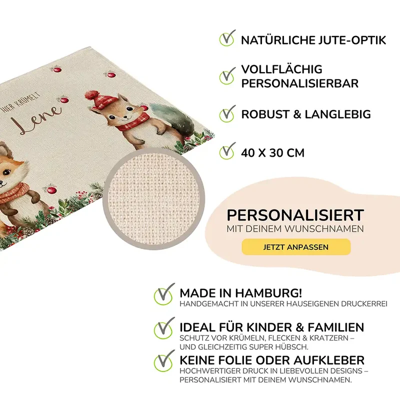 Tischset Kinder personalisiert Weihnachtsmotiv - Tierfreunde im Wald