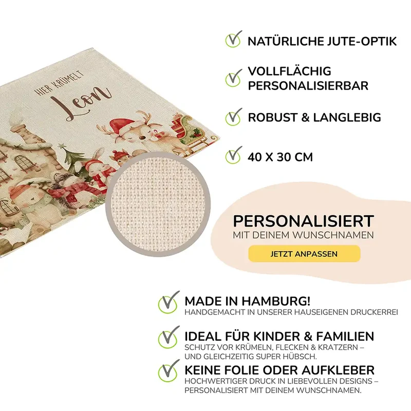 Tischset Kinder personalisiert Weihnachtsmotiv - Nordpol-Tierparade