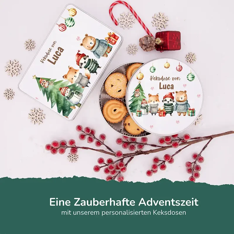 Keksdose aus Metall personalisiert - Zauberhafte Wintertiere