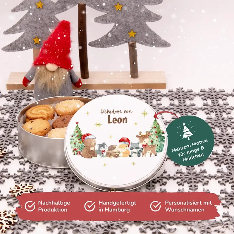 Keksdose aus Metall personalisiert - Weihnachtliche Waldtiere