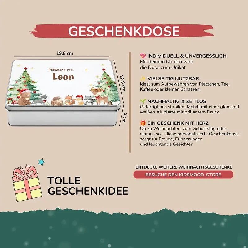 Keksdose aus Metall personalisiert - Weihnachtliche Waldtiere