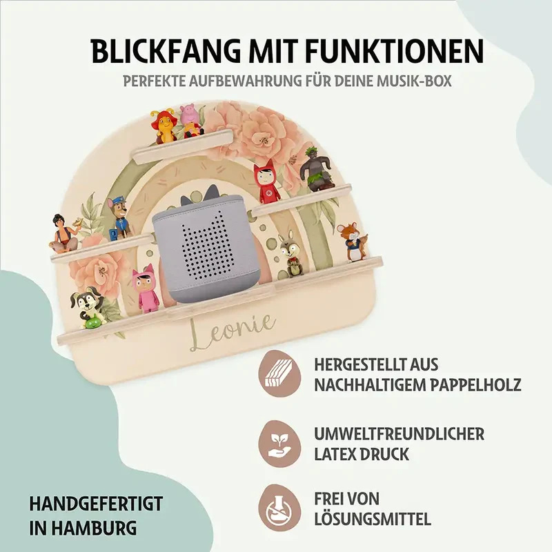 Tonie Regal aus Holz, Toniebox Regal personalisiert Grüner Regenbogen