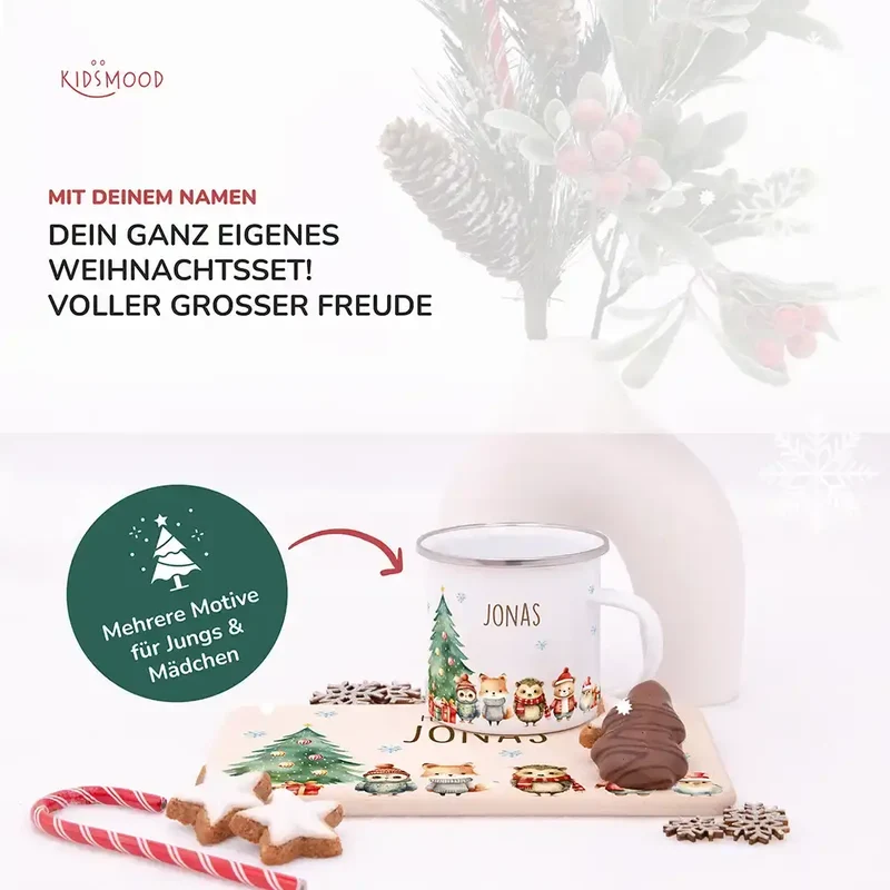 Weihnachts-Set Frühstücksbrettchen und Emaille Tasse - Fuchs & Häschen-Freunde