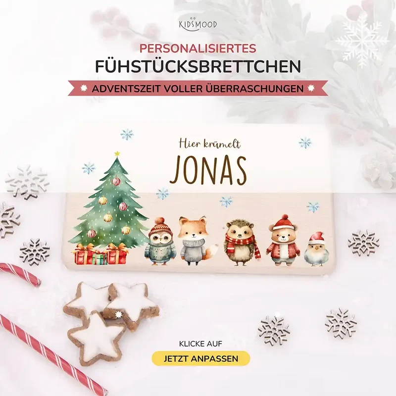 Weihnachts-Set Frühstücksbrettchen und Emaille Tasse - Fuchs & Häschen-Freunde