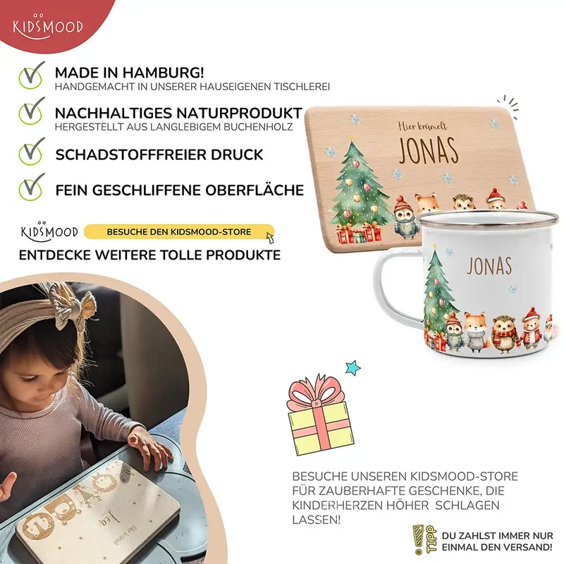 Weihnachts-Set Frühstücksbrettchen und Emaille Tasse - Fuchs & Häschen-Freunde