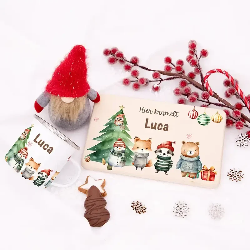 Weihnachts-Set Frühstücksbrettchen und Emaille Tasse - Kuscheltier-Abenteuer