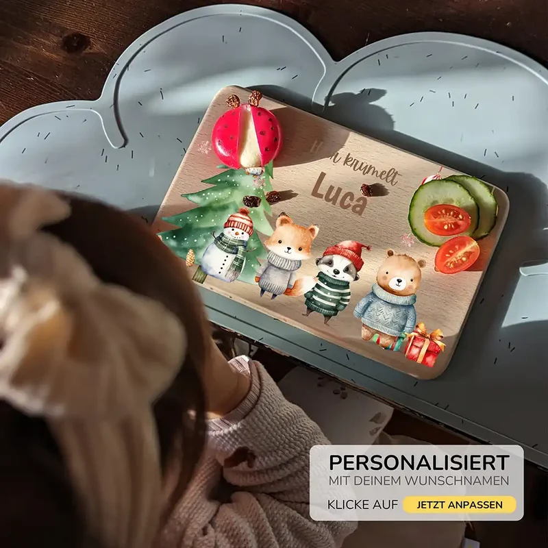 Weihnachts-Set Frühstücksbrettchen und Emaille Tasse - Kuscheltier-Abenteuer