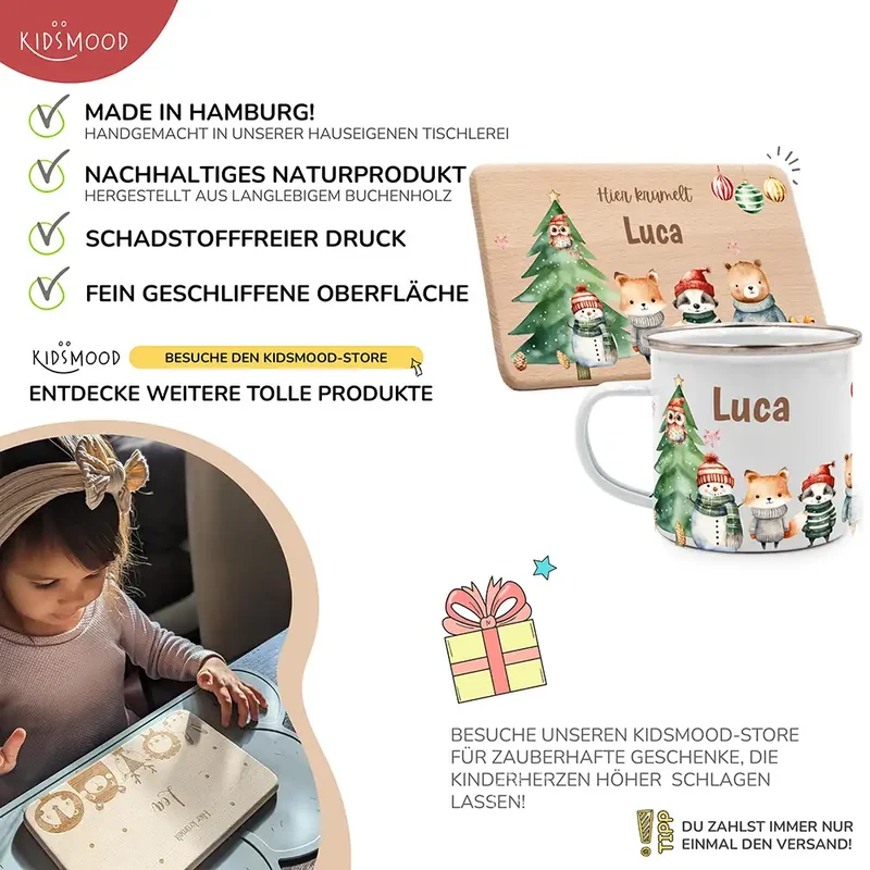 Weihnachts-Set Frühstücksbrettchen und Emaille Tasse - Kuscheltier-Abenteuer