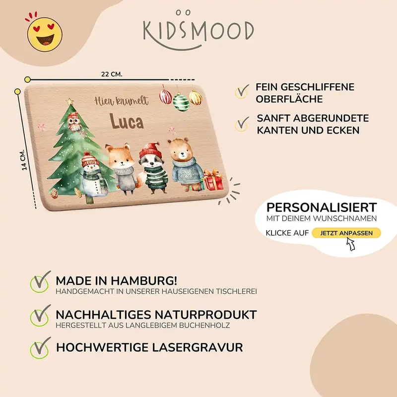 Weihnachts-Set Frühstücksbrettchen und Emaille Tasse - Kuscheltier-Abenteuer