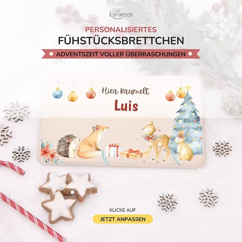 Weihnachts-Set Frühstücksbrettchen und Emaille Tasse - Fuchs im Wald