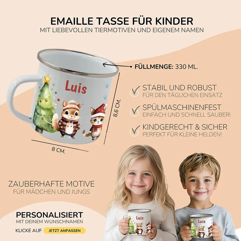 Weihnachts-Set Frühstücksbrettchen und Emaille Tasse - Schneeflocken-Bande