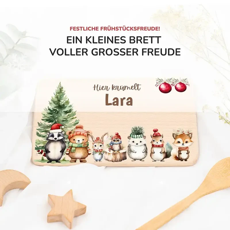 Weihnachts-Set Frühstücksbrettchen und Emaille Tasse - Niedliche Waldfreunde
