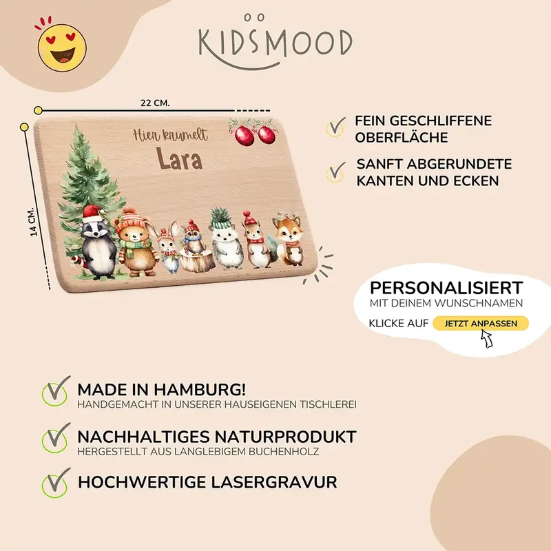Weihnachts-Set Frühstücksbrettchen und Emaille Tasse - Niedliche Waldfreunde