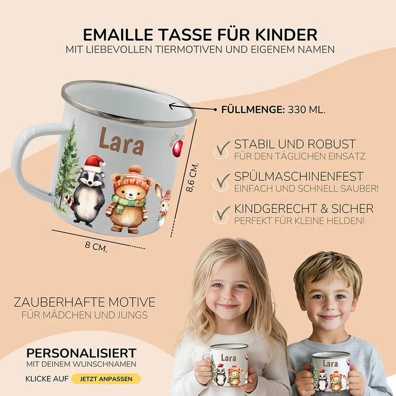 Weihnachts-Set Frühstücksbrettchen und Emaille Tasse - Niedliche Waldfreunde