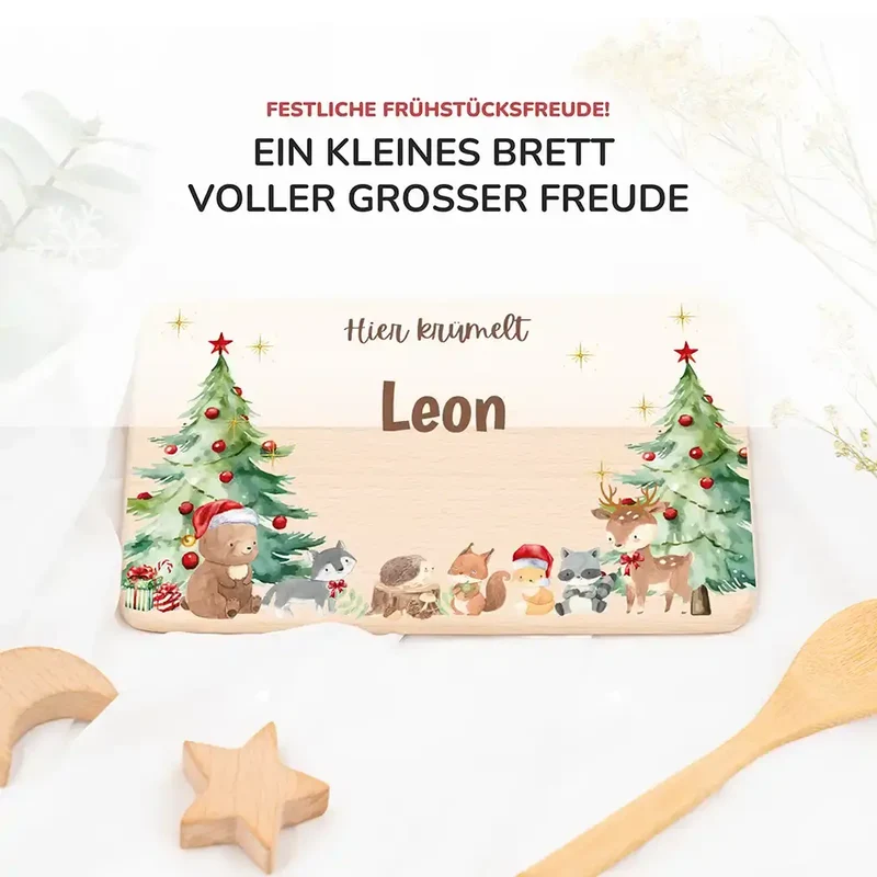 Weihnachts-Set Frühstücksbrettchen und Emaille Tasse - Niedliche Waldtiere