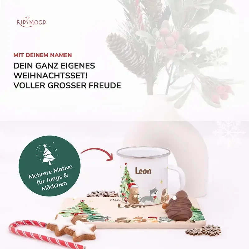 Weihnachts-Set Frühstücksbrettchen und Emaille Tasse - Niedliche Waldtiere
