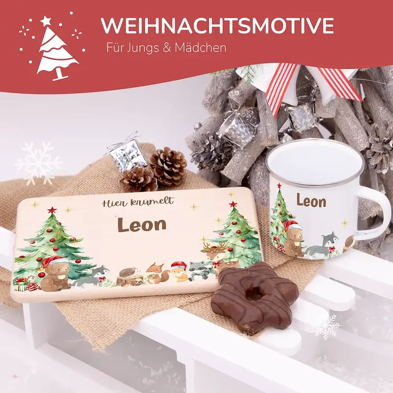 Weihnachts-Set Frühstücksbrettchen und Emaille Tasse - Niedliche Waldtiere