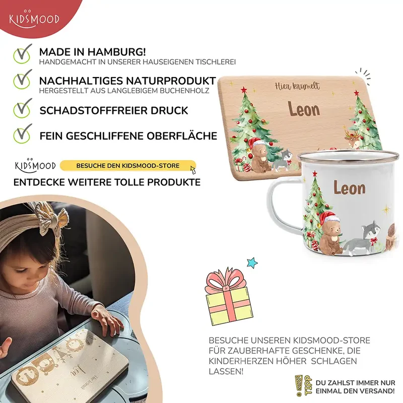 Weihnachts-Set Frühstücksbrettchen und Emaille Tasse - Niedliche Waldtiere