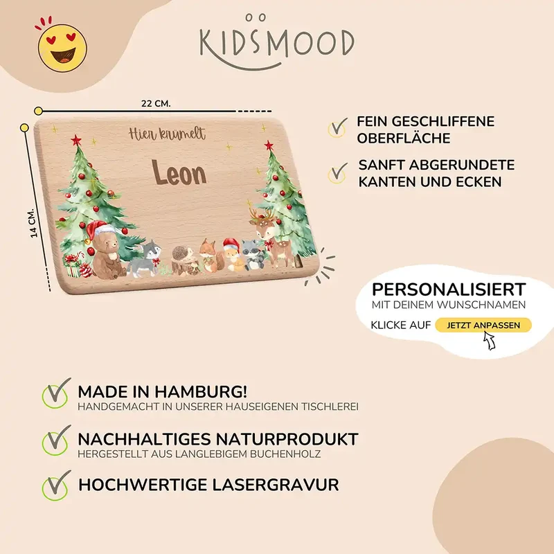 Weihnachts-Set Frühstücksbrettchen und Emaille Tasse - Niedliche Waldtiere