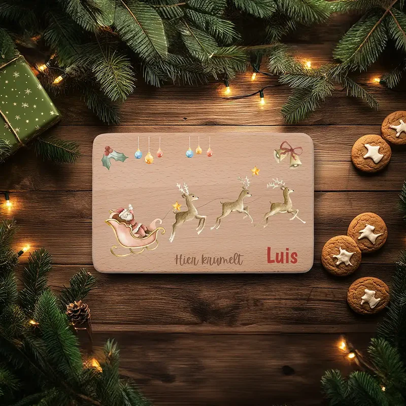 Weihnachts-Set Frühstücksbrettchen + Emaille Tasse - Rentier Schlitten