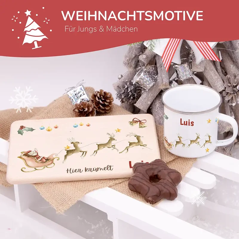 Weihnachts-Set Frühstücksbrettchen + Emaille Tasse - Rentier Schlitten