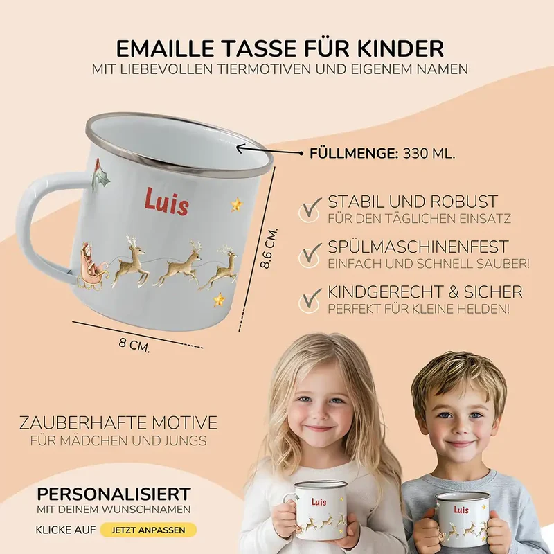 Weihnachts-Set Frühstücksbrettchen + Emaille Tasse - Rentier Schlitten