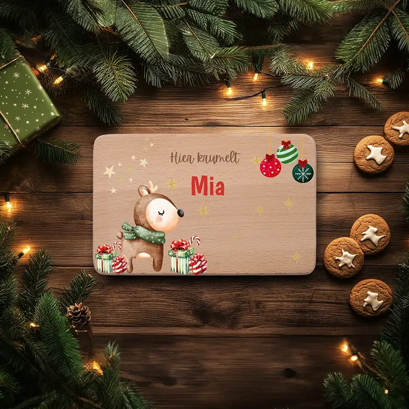 Weihnachts-Set Frühstücksbrettchen + Emaille Tasse - Baby Reh Motiv