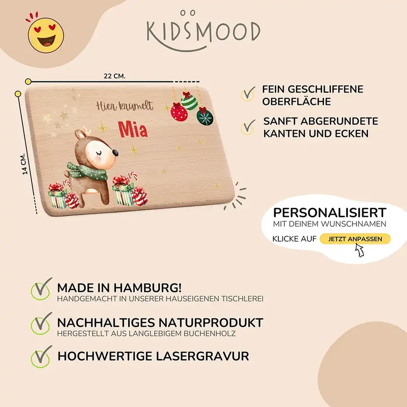 Weihnachts-Set Frühstücksbrettchen + Emaille Tasse - Baby Reh Motiv