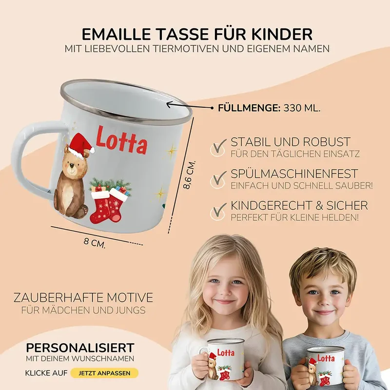 Weihnachts-Set Frühstücksbrettchen + Emaille Tasse - Weihnachtsbär