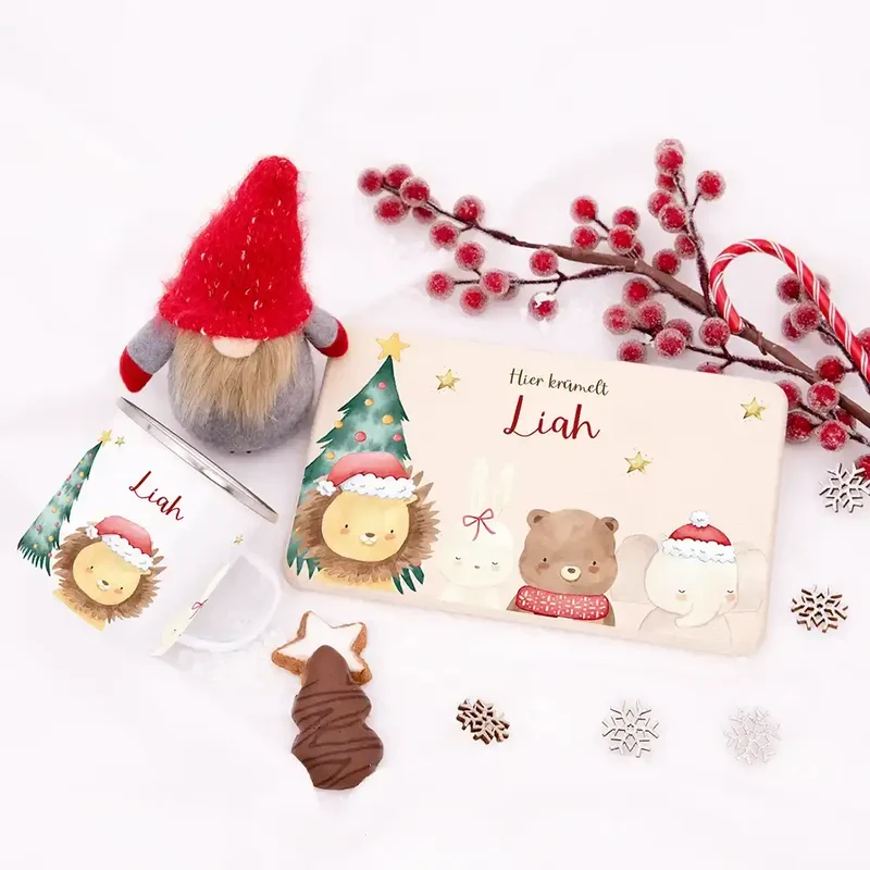 Weihnachts-Set Frühstücksbrettchen + Emaille Tasse - Löwe