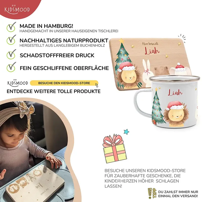 Weihnachts-Set Frühstücksbrettchen + Emaille Tasse - Löwe