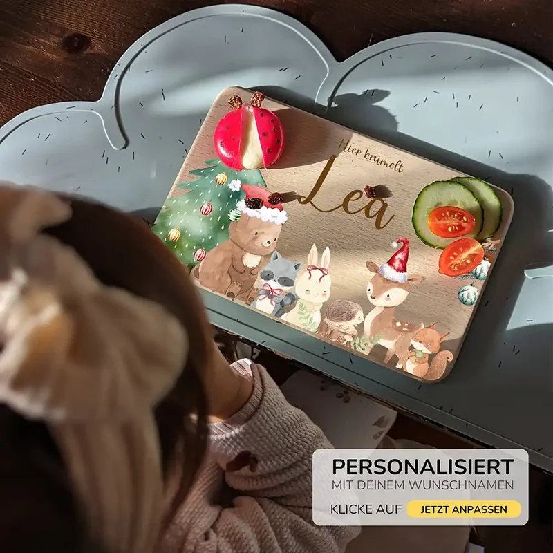 Weihnachts-Set Frühstücksbrettchen + Emaille Tasse - niedliche Waldtiere