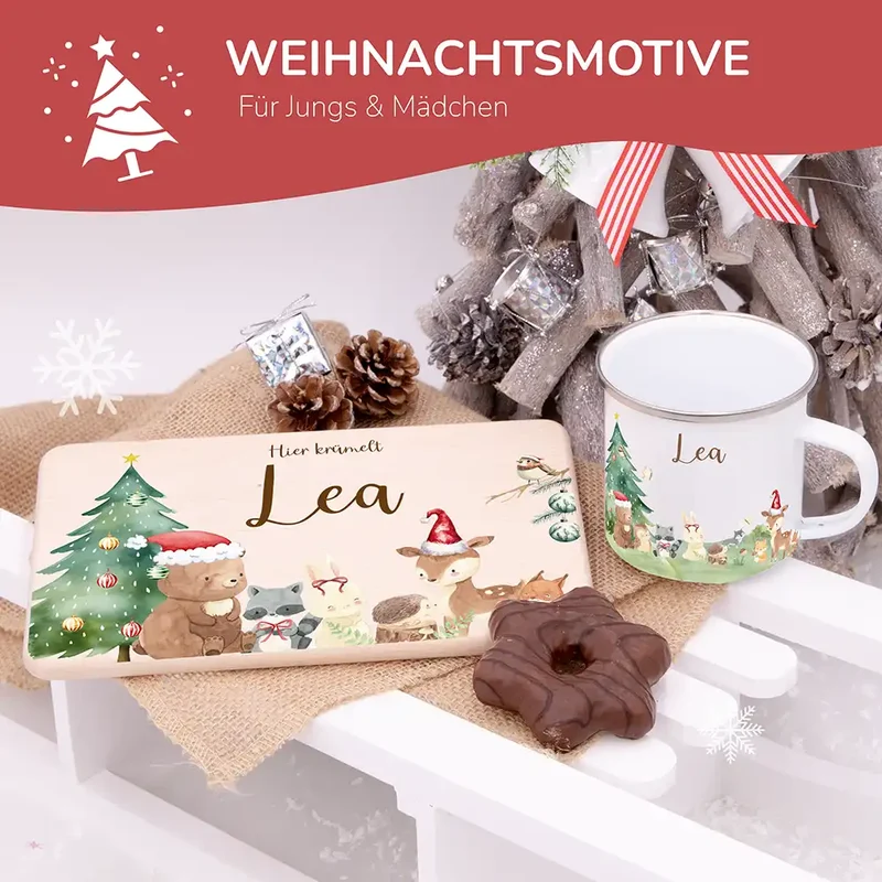 Weihnachts-Set Frühstücksbrettchen + Emaille Tasse - niedliche Waldtiere