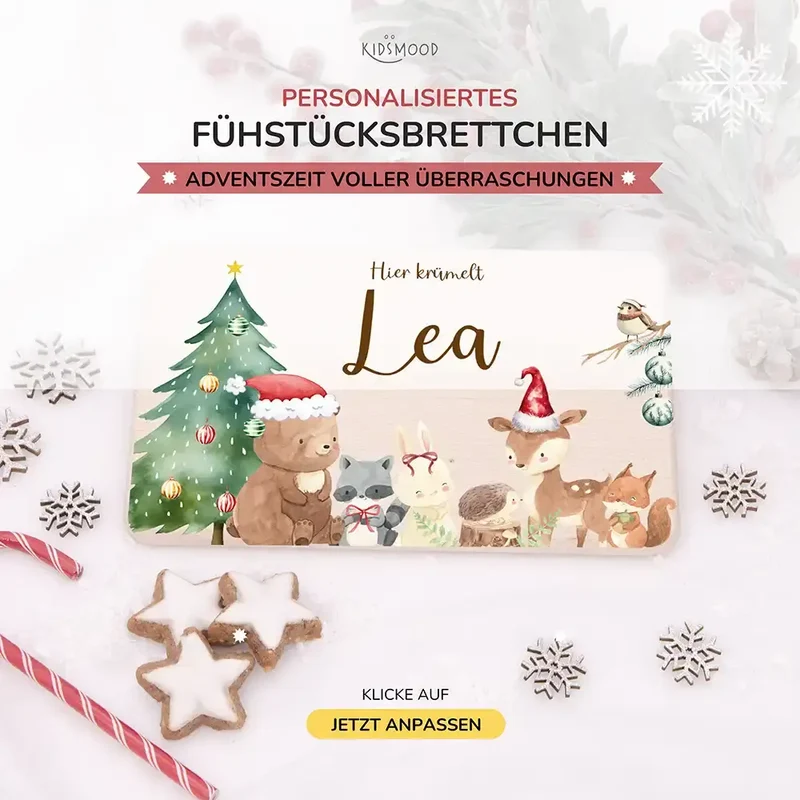 Weihnachts-Set Frühstücksbrettchen + Emaille Tasse - niedliche Waldtiere