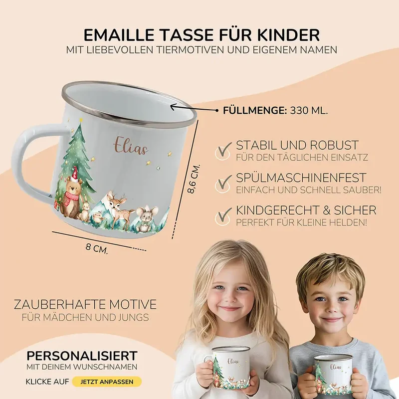 Weihnachts-Set Frühstücksbrettchen + Emaille Tasse - Winterzauber-Freunde